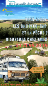 Affiche pour promouvoir les emplacements de camping-car et la pêche