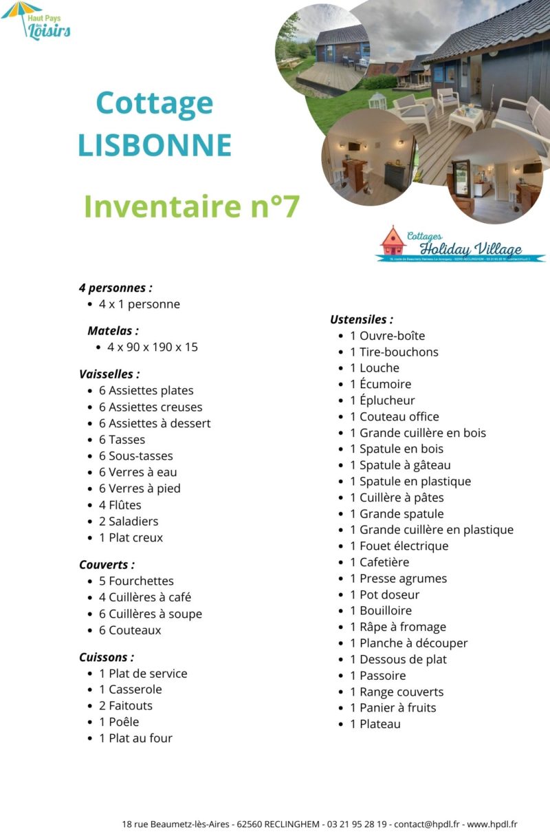 Inventaire du cottage LISBONNE