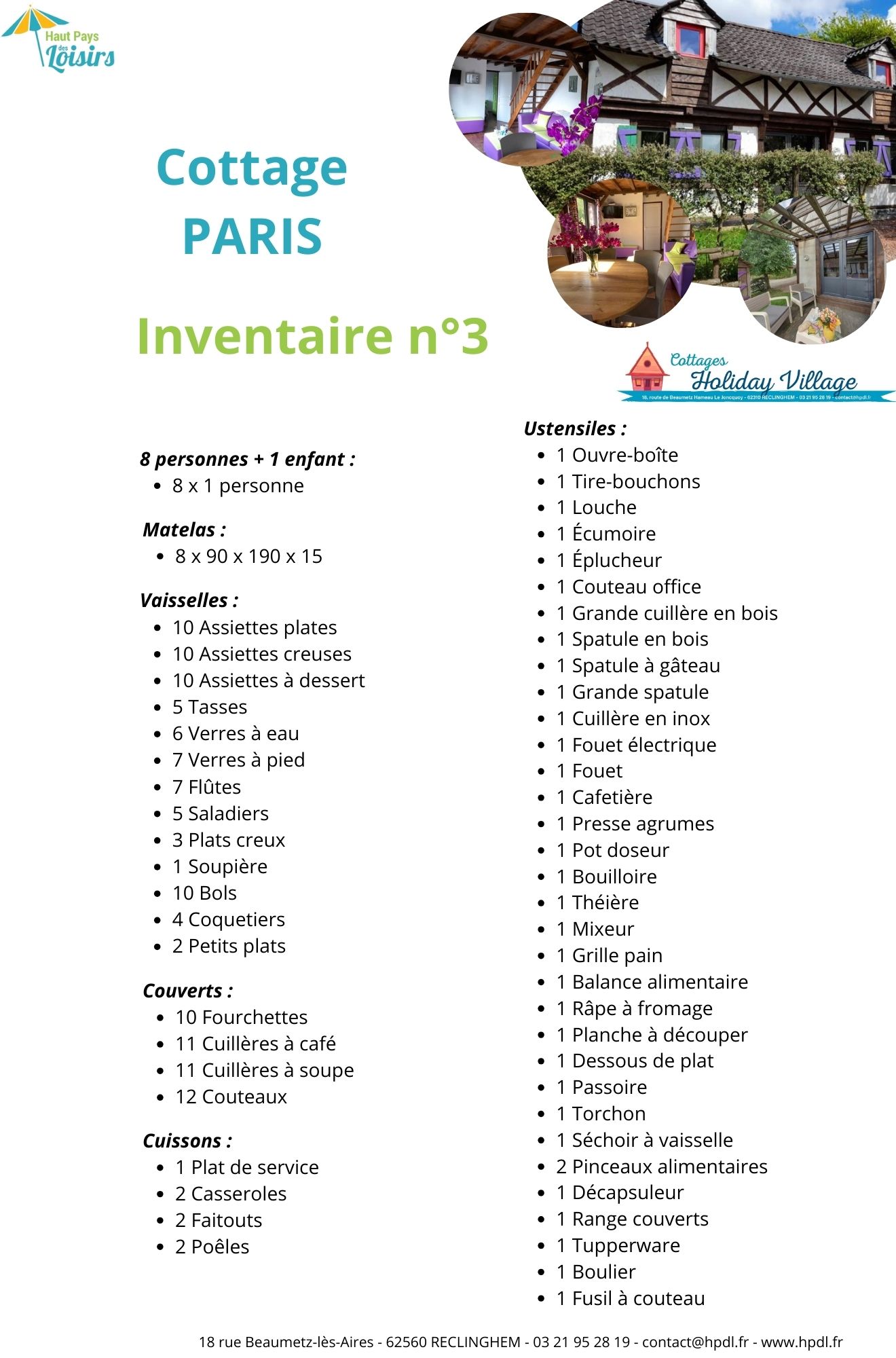 Inventaire du cottage PARIS