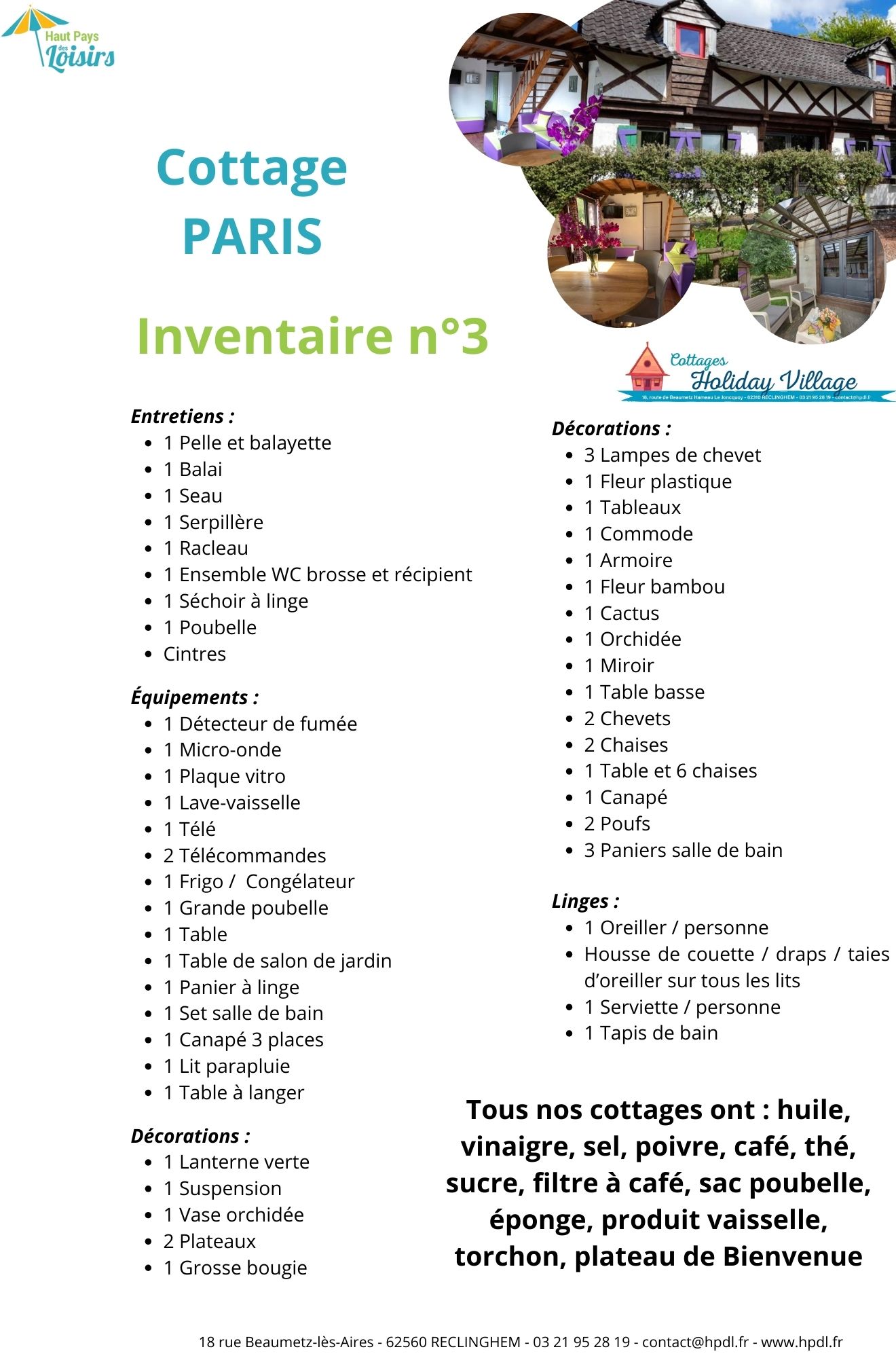 Inventaire du cottage PARIS
