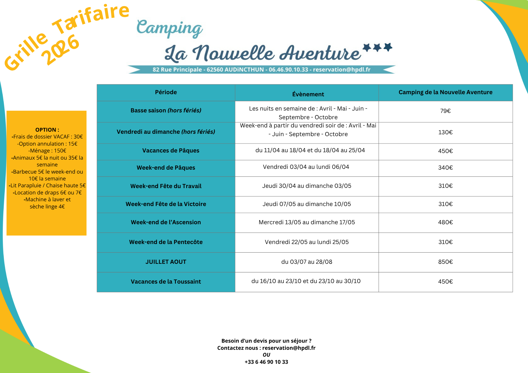 Grille tarifaire La Nouvelle Aventure