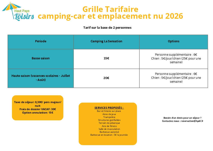 Grille tarifaire pour camping-car et emplacement nu