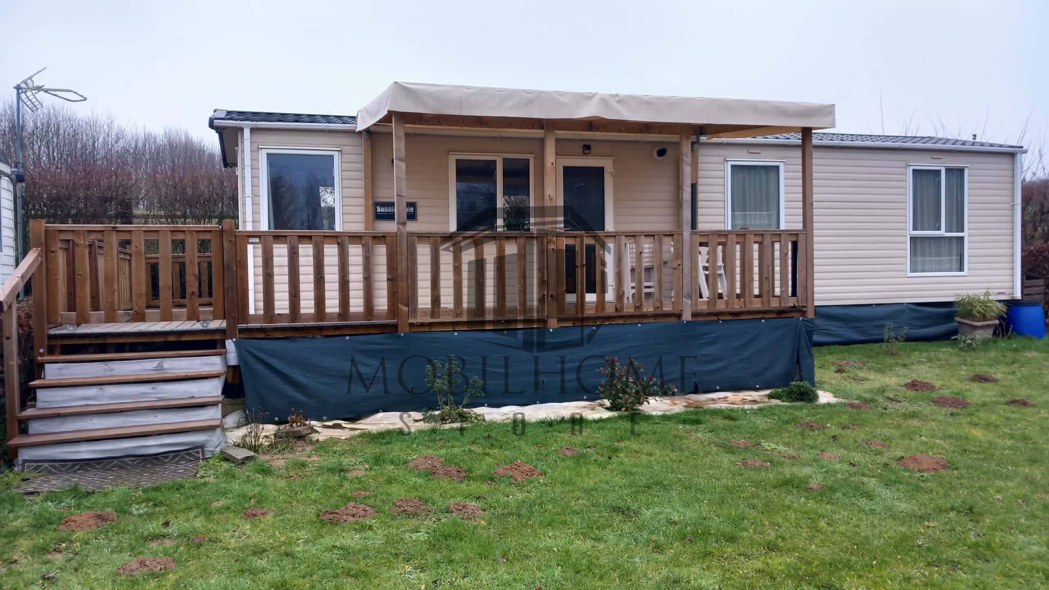 Devanture du mobil-home ABI SUNNINGDALE vendu sur emplacement sur le camping de La Sensation